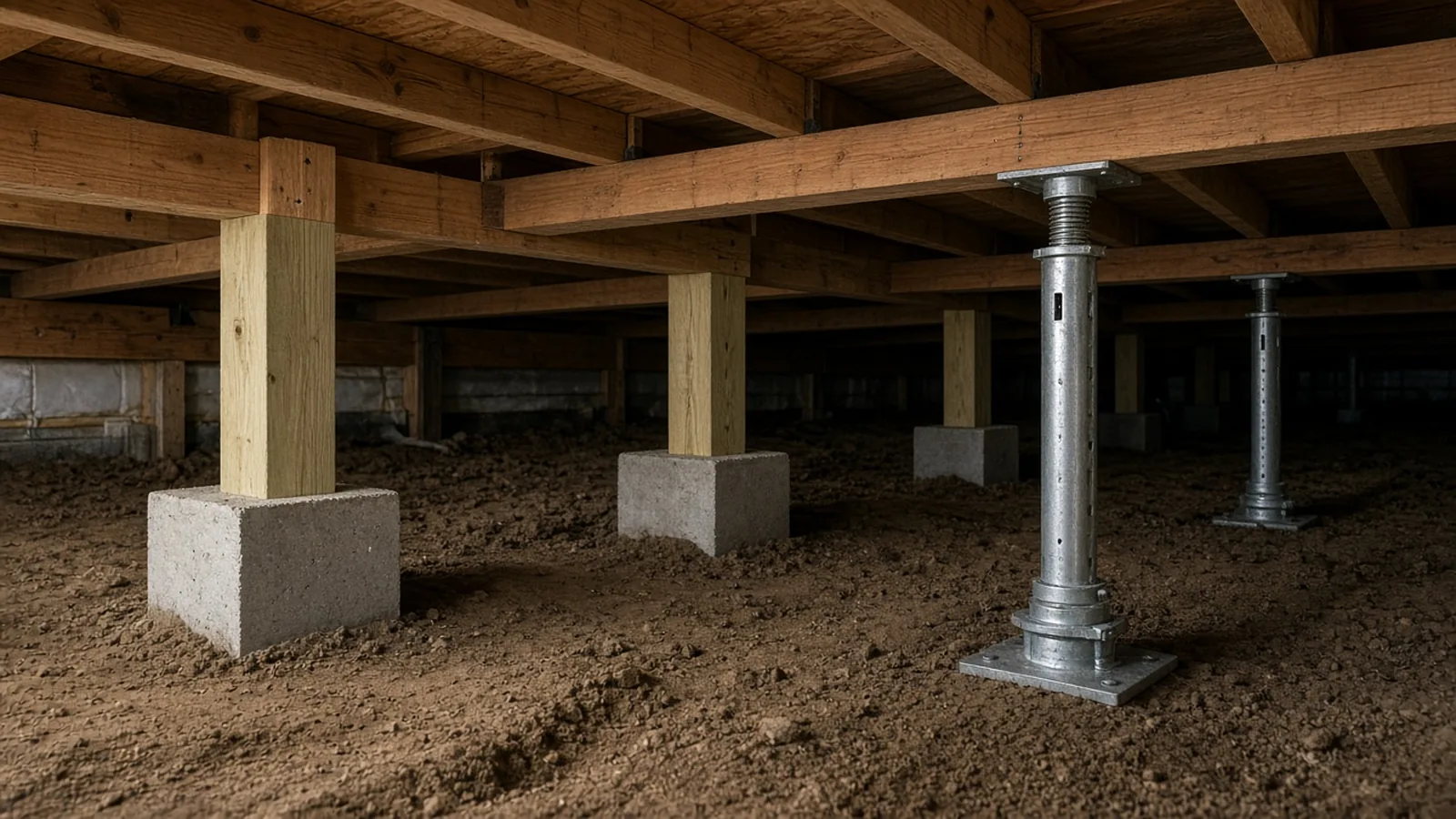 Crawl space repair under a Sacramento-area home with new wood posts, concrete piers and steel support jacks