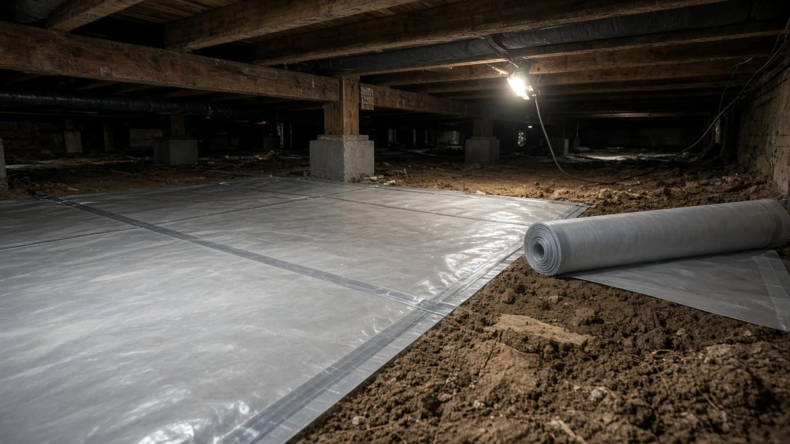 Crawl space vapor barrier being installed with taped seams over a dirt crawl space floor