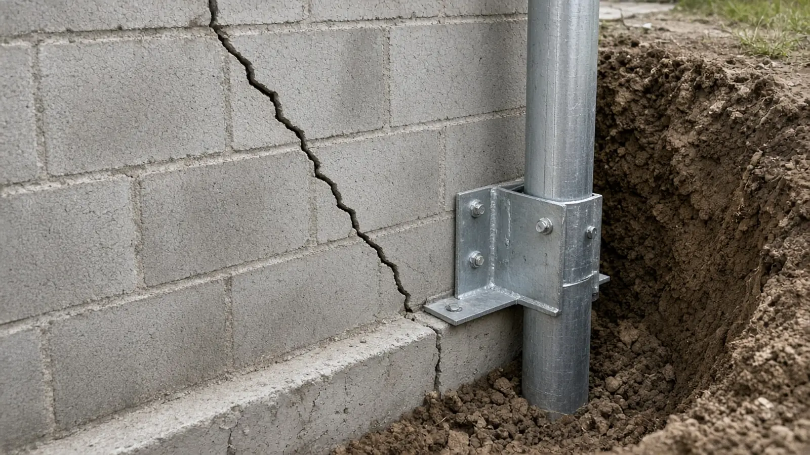 Stair-step crack in a concrete block foundation wall next to a steel pier being installed for foundation repair in the Sacramento area